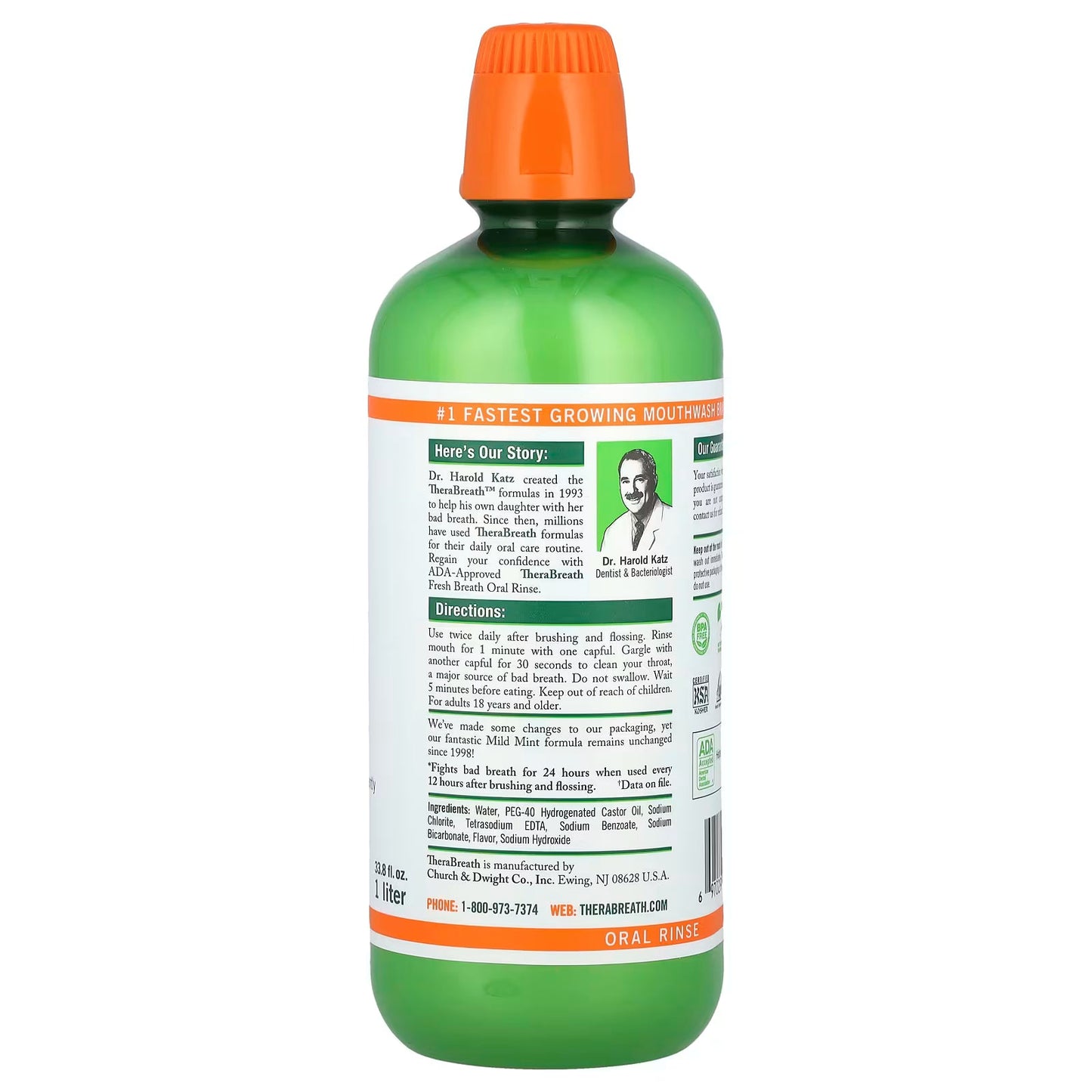 TheraBreath, Fresh Breath Oral Rinse, Mild Mint , 33.8 fl oz (1 l)