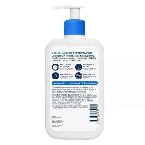 CeraVe Daily Moisturizing Lotion for Dry Skin, Body Lotion & Face Moisturizer with Hyaluronic Acid and Ceramides, Daily Moisturizer, Fragrance Free, Oil-Free, 16 floz