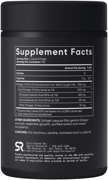 Sports Research Triple Strength Omega-3 Fish Oil, 150 Fish Softgels