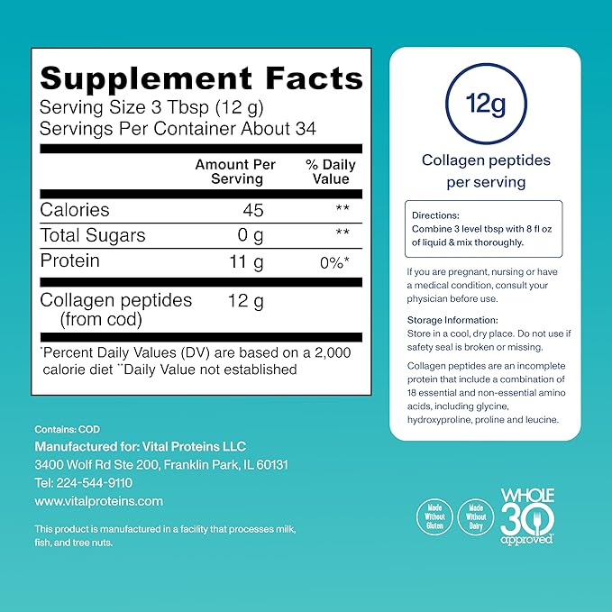 Vital Proteins Marine Collagen Peptides Powder Supplement for Skin Hair Nail Joint - Hydrolyzed Collagen - 12g per Serving - 14.5oz Canister