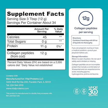 Vital Proteins Marine Collagen Peptides Powder Supplement for Skin Hair Nail Joint - Hydrolyzed Collagen - 12g per Serving - 14.5oz Canister