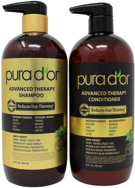 Pura d'or Advanced Therapy Anti-Hair Thinning Shampoo & Conditioner Set 100% Natural